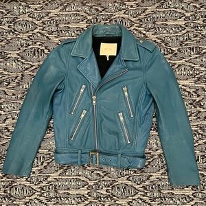 MAJE Turquoise Lamb Leather Biker Jacket